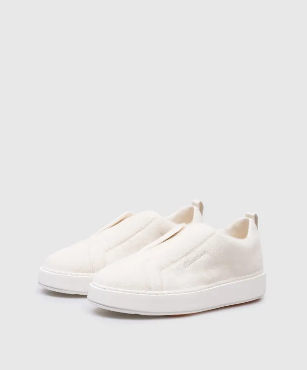 Santoni White Victory leather slip on fur with logo embroidery