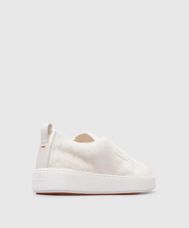Santoni White Victory leather slip on fur with logo embroidery