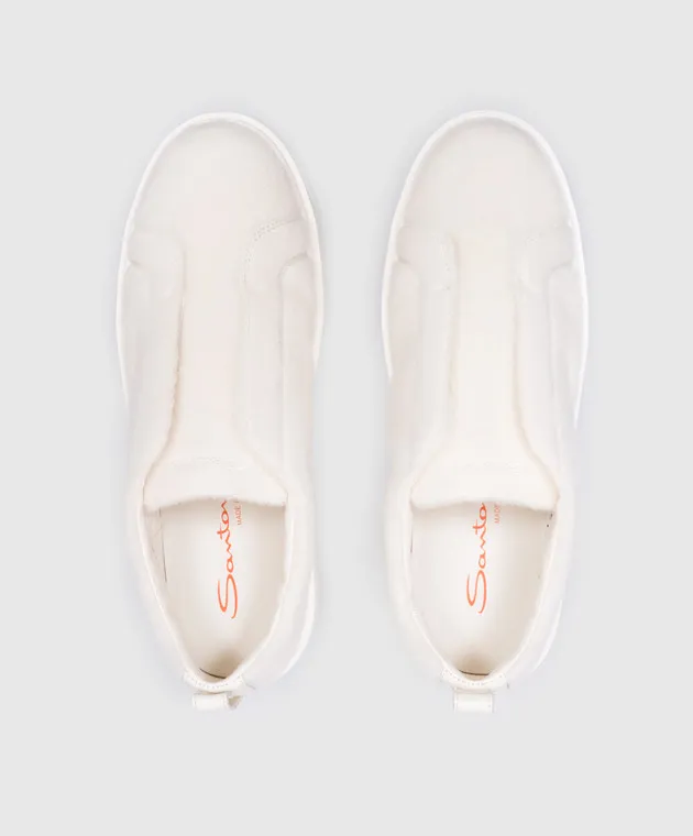 Santoni White Victory leather slip on fur with logo embroidery