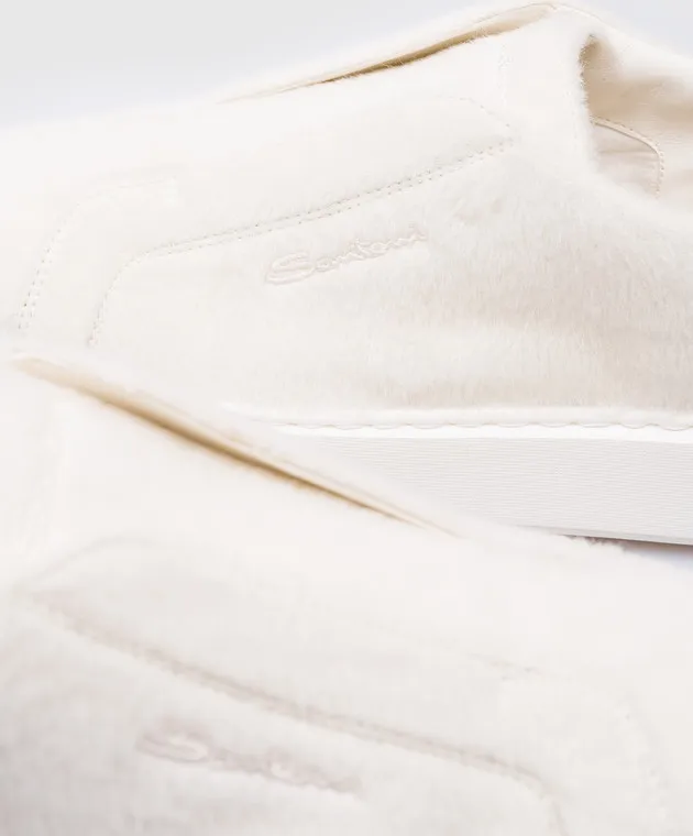 Santoni White Victory leather slip on fur with logo embroidery