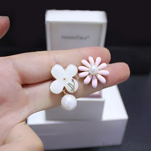 Sweet Cute Daisy Flower Pearl Pendant Asymmetric Fashion Earrings