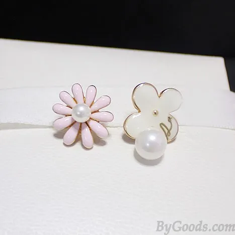 Sweet Cute Daisy Flower Pearl Pendant Asymmetric Fashion Earrings