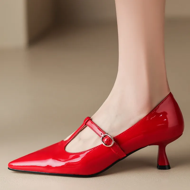 Tacones medianos genuinos de cuero Mujer negro desnudo rojo rojo tacón corta fiesta zapatos de boda zapatos de vestidos grandes