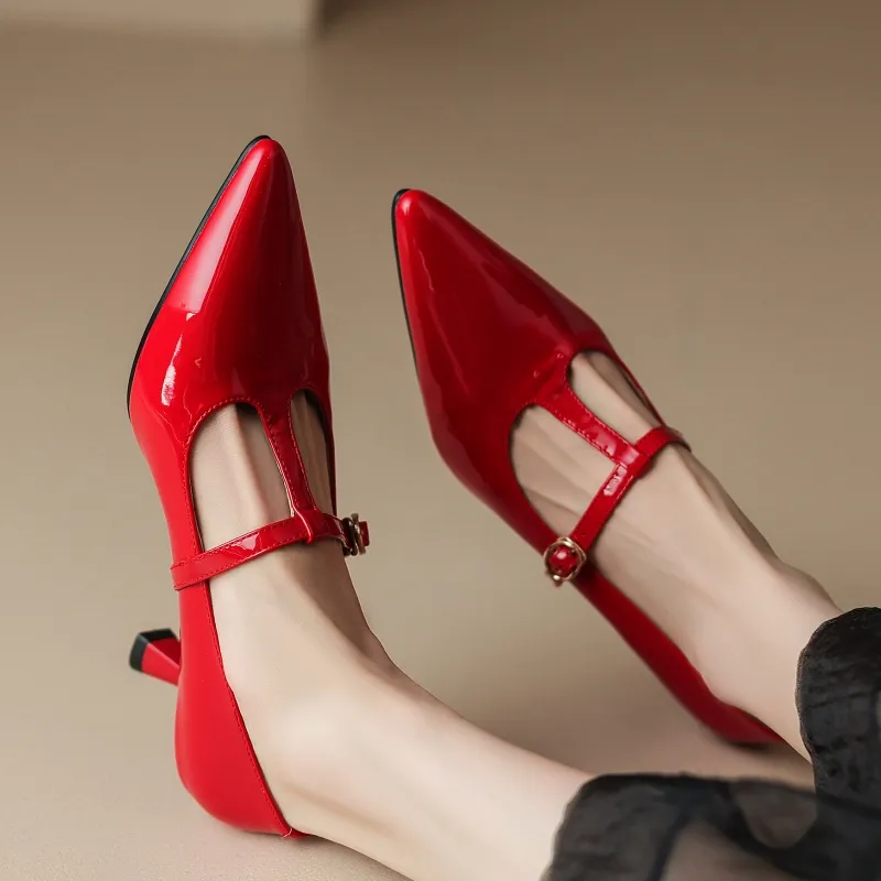 Tacones medianos genuinos de cuero Mujer negro desnudo rojo rojo tacón corta fiesta zapatos de boda zapatos de vestidos grandes