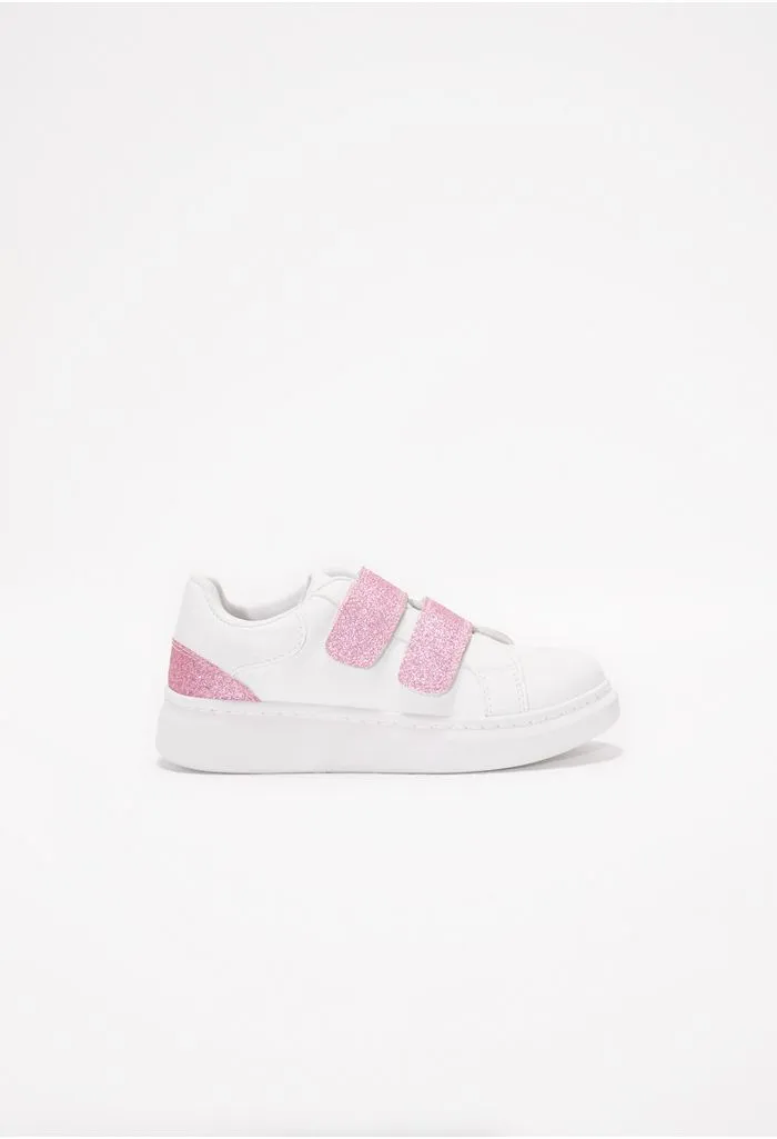 Tenis blancos con velcro y glitter rosa
