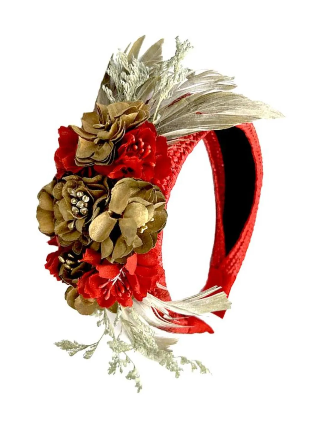 TOCADOS BODA ROJAS Y DORADAS DIADEMAS FLOR Y PLUMA
