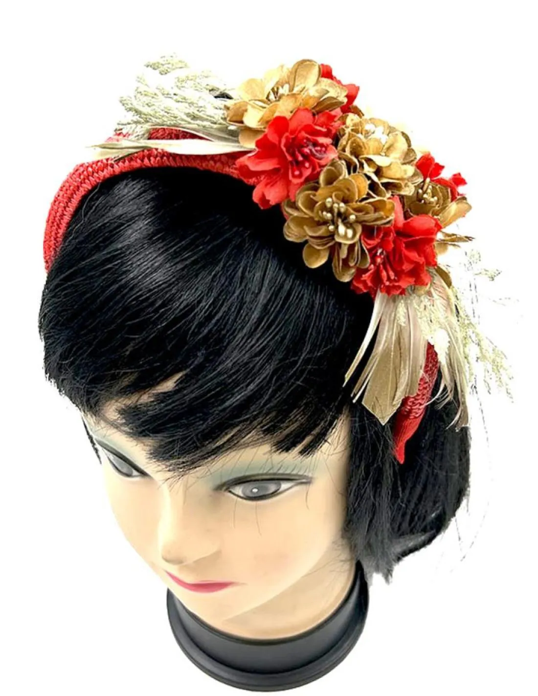 TOCADOS BODA ROJAS Y DORADAS DIADEMAS FLOR Y PLUMA