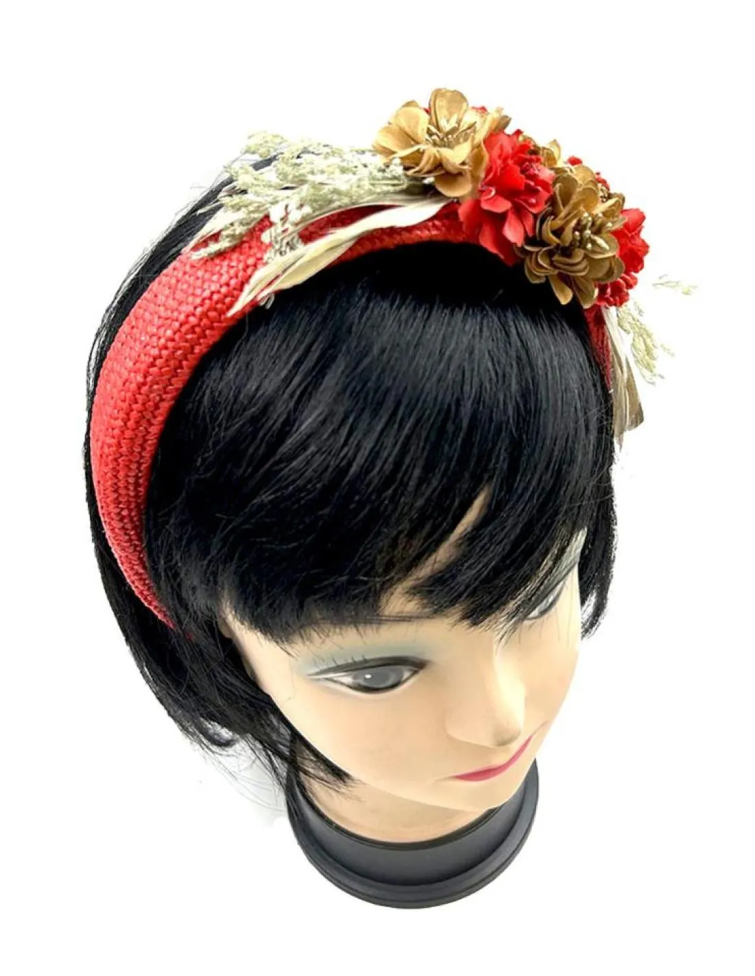 TOCADOS BODA ROJAS Y DORADAS DIADEMAS FLOR Y PLUMA