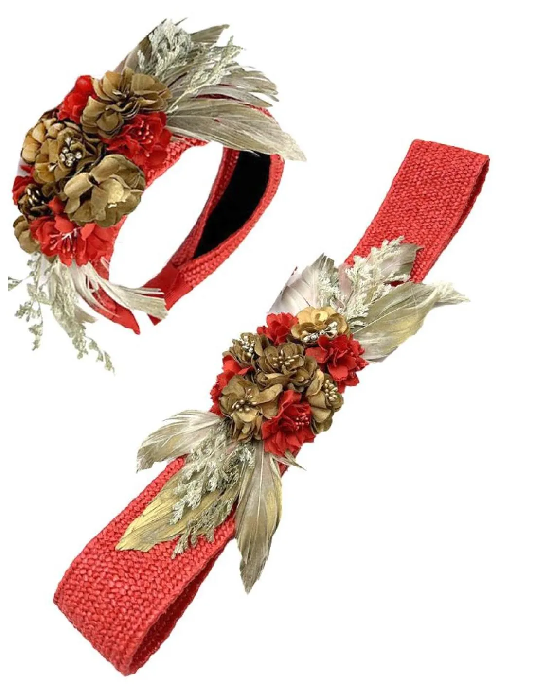 TOCADOS BODA ROJAS Y DORADAS DIADEMAS FLOR Y PLUMA