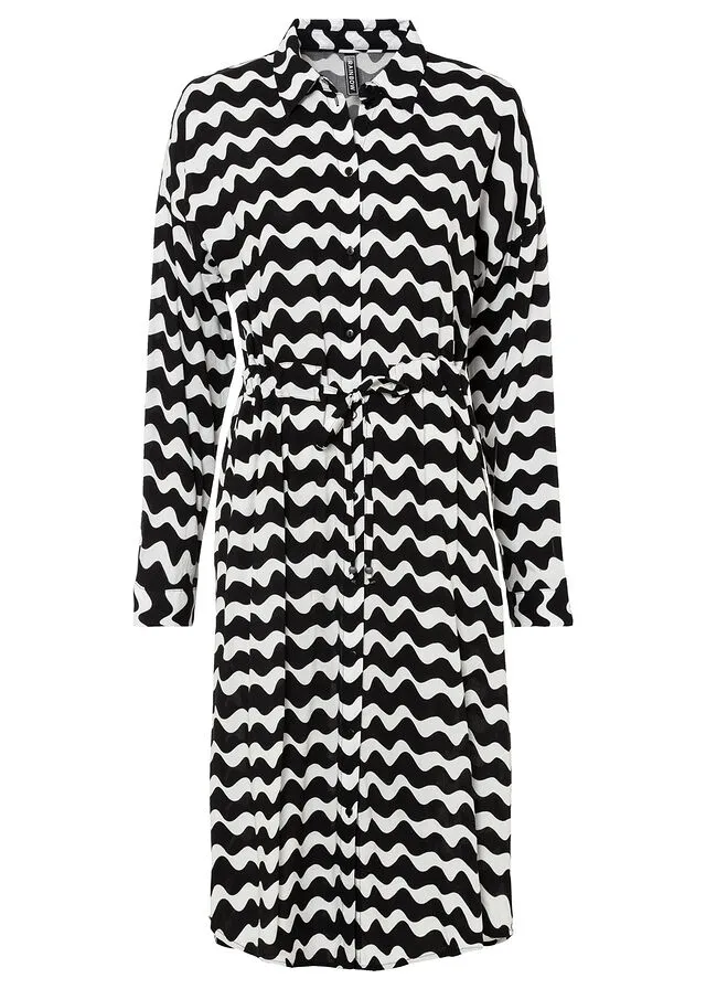 VESTIDO CAMISERO MIDI DE VISCOSA SOSTENIBLE NEGROBLANCO DE RAYAS