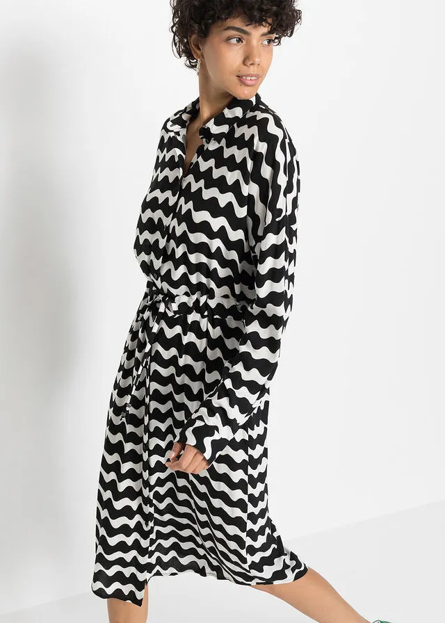 VESTIDO CAMISERO MIDI DE VISCOSA SOSTENIBLE NEGROBLANCO DE RAYAS