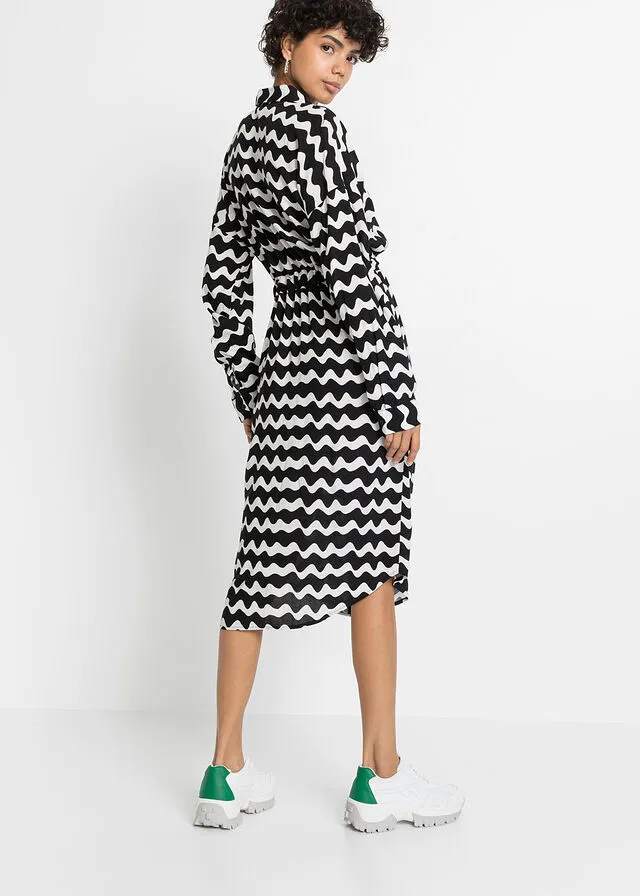 VESTIDO CAMISERO MIDI DE VISCOSA SOSTENIBLE NEGROBLANCO DE RAYAS