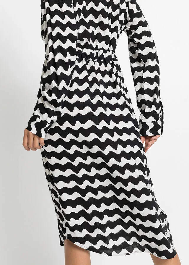 VESTIDO CAMISERO MIDI DE VISCOSA SOSTENIBLE NEGROBLANCO DE RAYAS